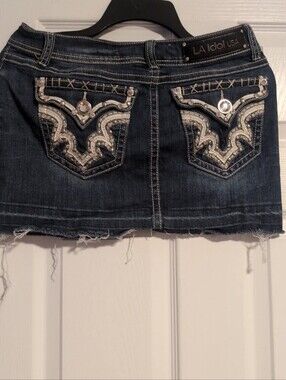 LA Idol USA Embellished Raw Hem Denim Mini Skirt Rhinestone Flap Pocket